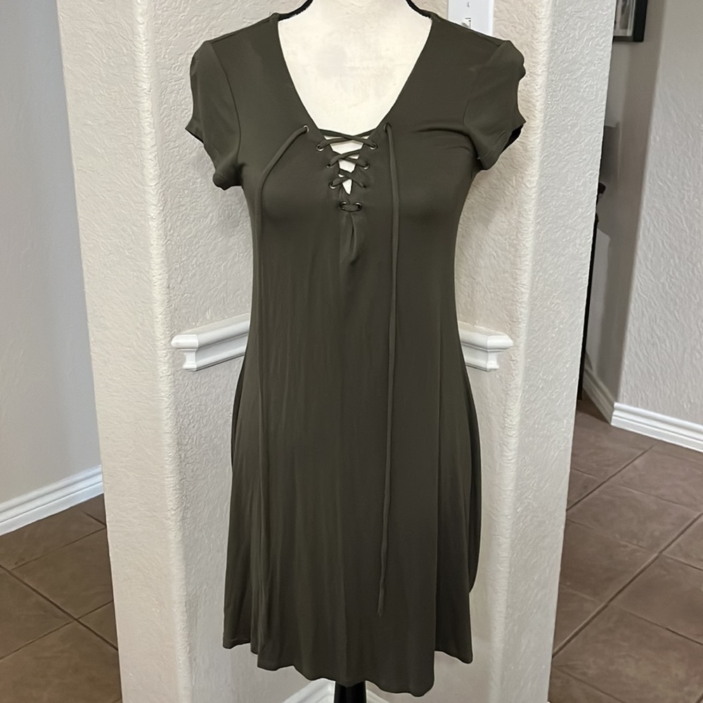 Polly & Esther olive green lace up dress Size S